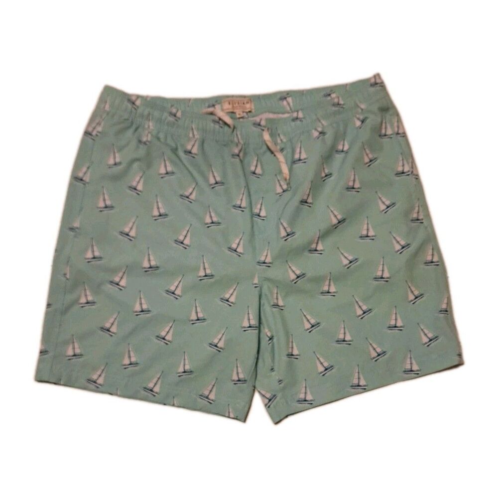 Elysian Supply Co Men’s XL Aqua Blue Sailboat Swim Trunks Drawstring Mesh Lined